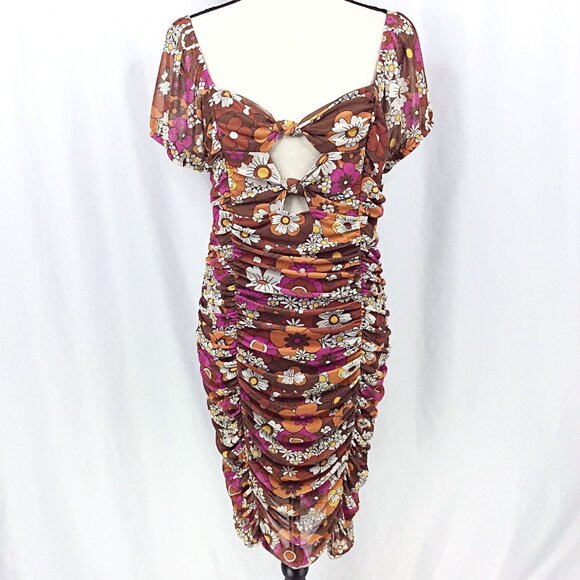 Madden NYC Juniors Ruched Dress Size XL Brown Retro 70s Floral Bodycon Sexy - Picture 4 of 11